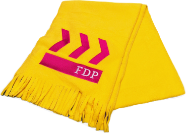 Vliesschal gelb mit Kampagnenmotiv, gestickt